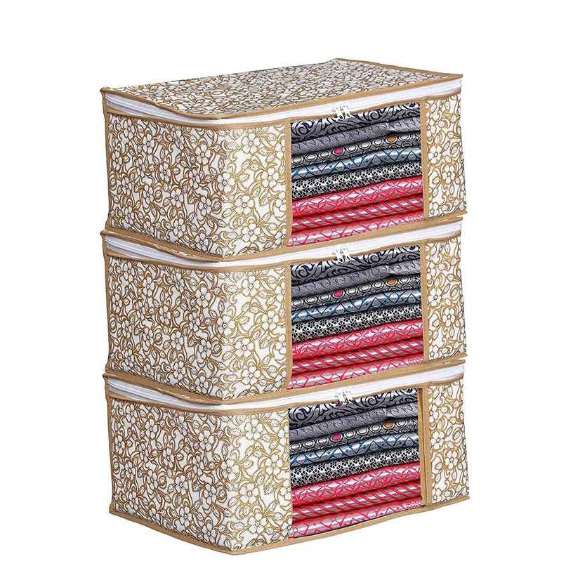 Perpetual Saree Organizer for Wardrobe | Foldable Saree Covers with Zip | Beige | Pack of 2