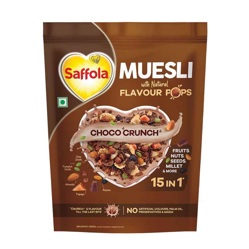 Saffola Muesli Choco Crunch With Flavour Pops, Fruits, Nuts, Seeds, Millets (15 In 1)