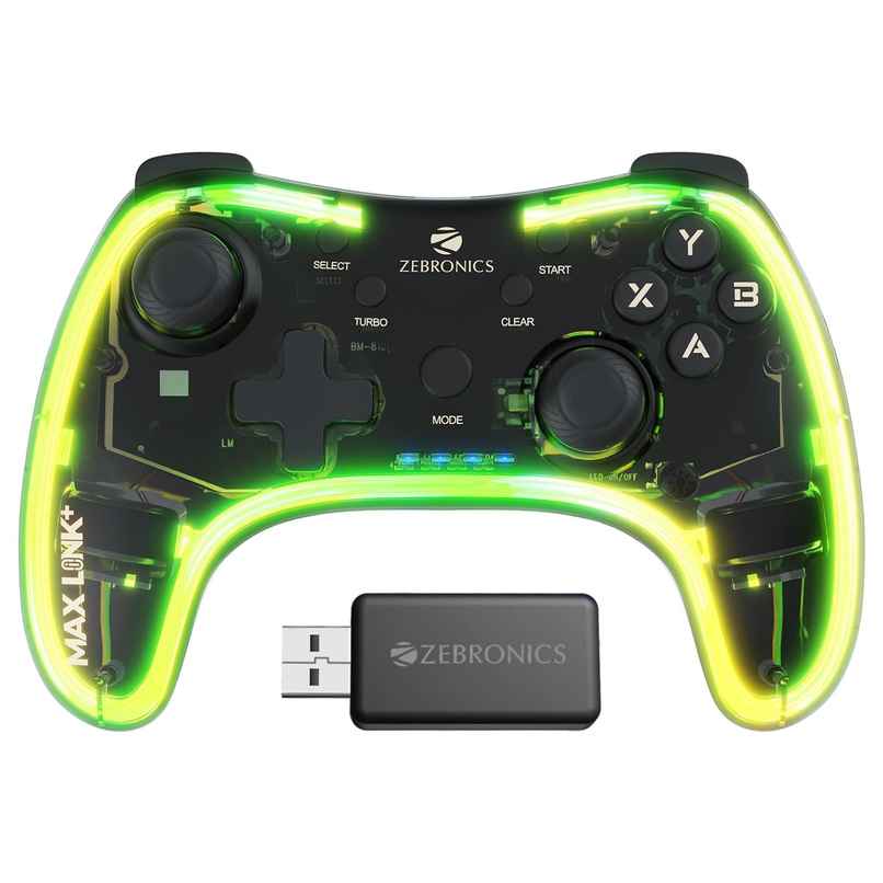 Zebronics Zeb Max Link Plus Wireless Gamepad, RGB, Haptic, Rechargeable Battery, PS4 PS3 Xbox 360 Windows X-Input and D-input/Android Media Box