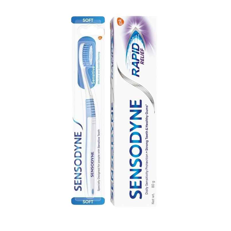 Sensodyne Rapid Relief Long Lasting Protection For Sensitive Teeth Toothpaste (80g) & Sensodyne Sensitive Toothbrush With Soft Round Bristles - Assorted (1pc) Combo