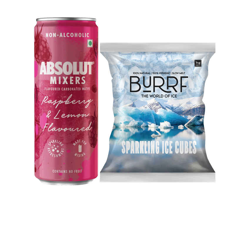 Burrf Sparkling Ice Cubes (1kg) & Absolut Mixers Sparkling Raspberry & Lemon Flavoured (250ml) Combo
