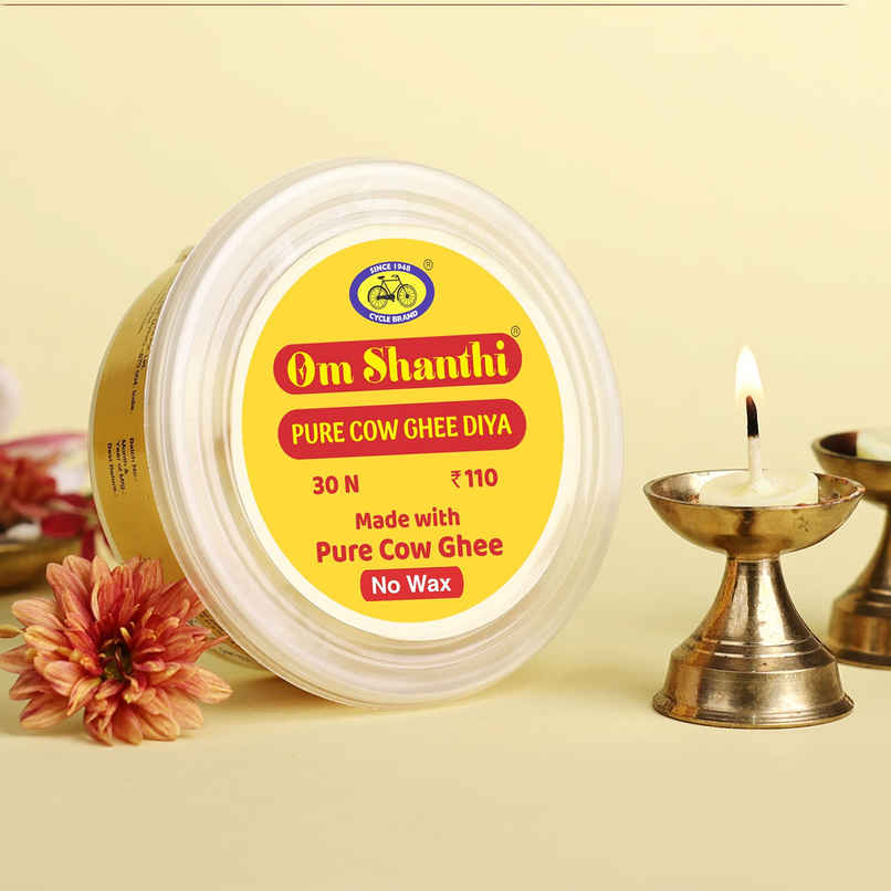 Om Shanthi Pure Cow Ghee Diya | Yellow | Traditional | Cotton | Pack of 30 | Diya-Pooja | Cycle