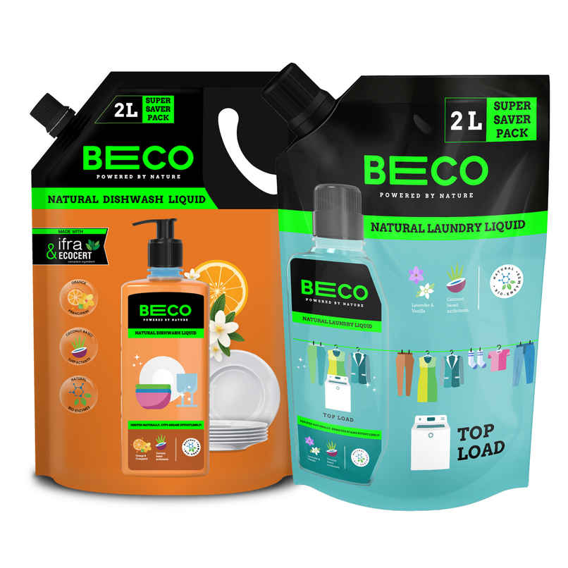 Beco Natural Orange Citrus Freshness Dishwash Liquid Refill (2L) & Beco Top Load Laundry Detergent Liquid Refill (2L) Combo