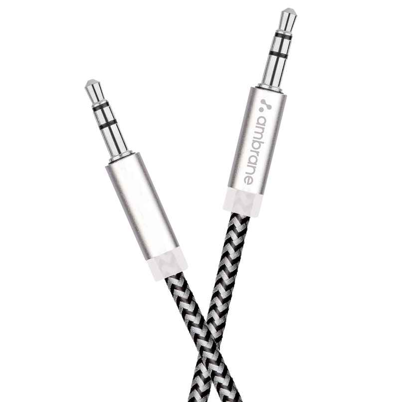 Ambrane ABCAX-10 Unbreakable 3.5mm Male to Male AUX Stereo Audio Cable for Smartphone, 1.5 Meter (5 Feet) - Black & Grey