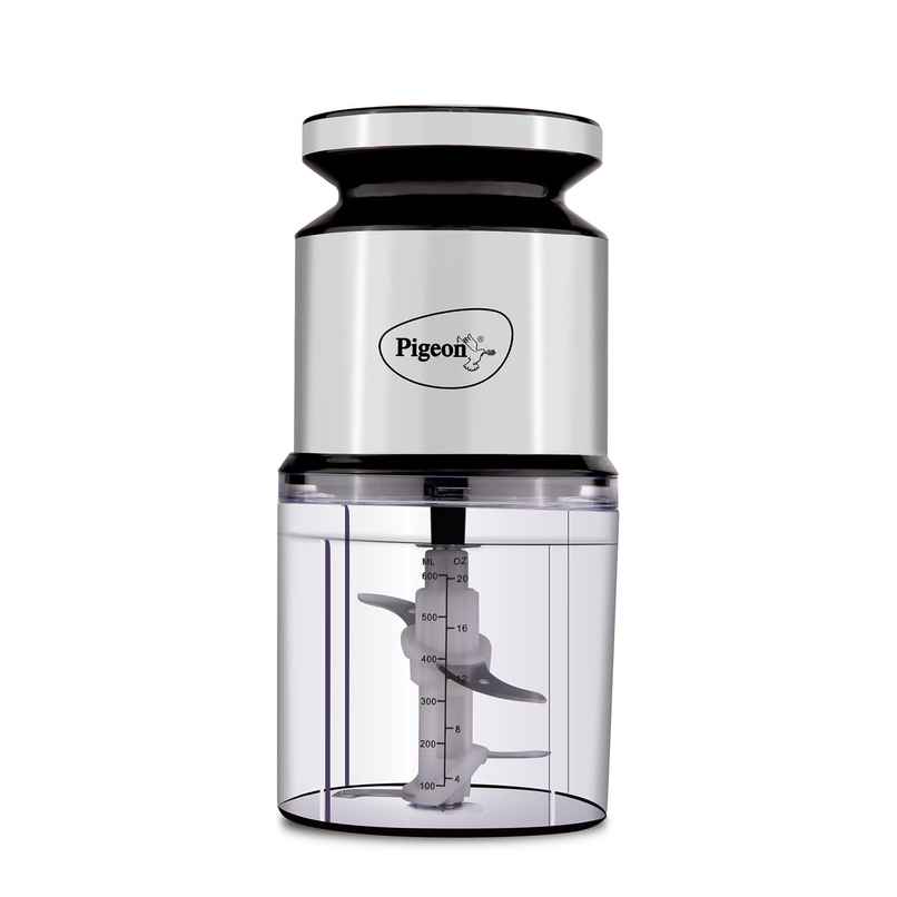 Pigeon Ultra Fast Electric 300 Watts Electric Chopper For Kitchen, Twin Blade Technology, 600 Ml, Plastic Bowl With Lid, Vegetable Chopper, Cutter, Chop, Mince, Dice, Blend - Silver