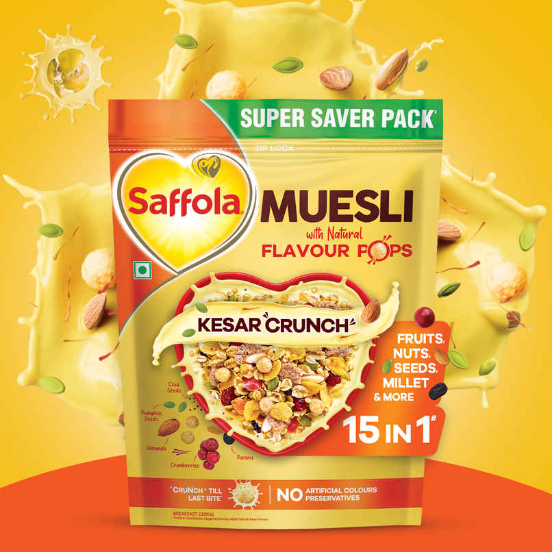Saffola Muesli Kesar Crunch With Flavour Pops | 15 In 1 Fruit And Nuts | Seeds, Millet & More