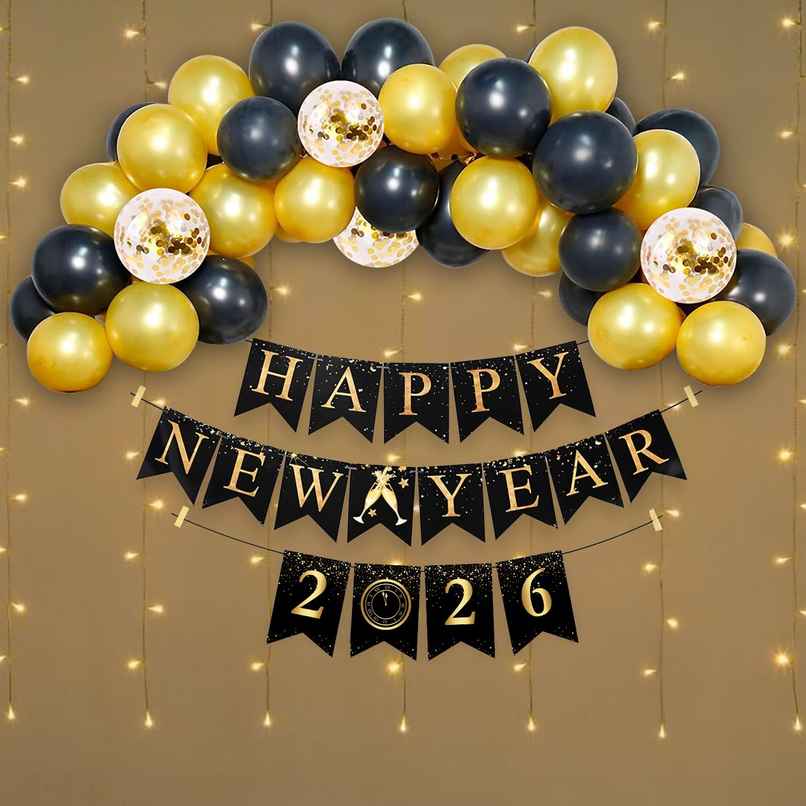 New Year Party Decoration Kit | Gold & Black Balloons Set with LED Light | Metallic | Party Propz