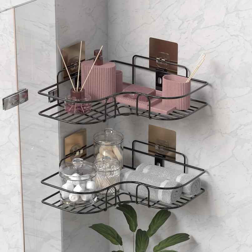 Lifelong Bathroom Corner Shelf For Storage - Mild Steel Wall Mounted Washroom Rack Pack Of 2 Black