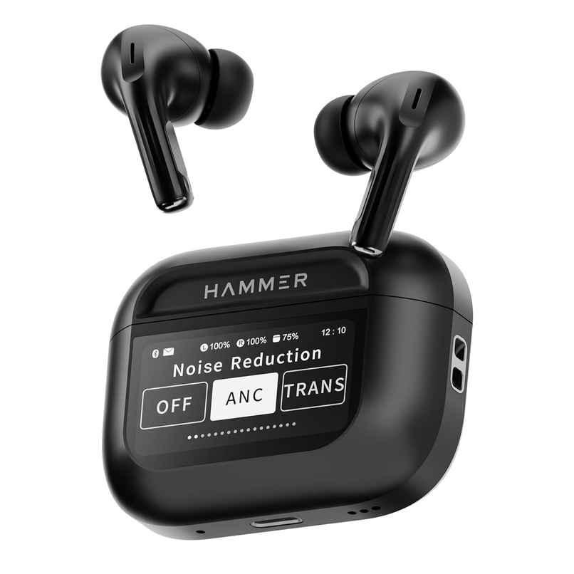 Hammer Anc (32Db) Tws| 30Hr Battery 5 Eq Modes Touch Screen True Wireless Buds -Matte Finish Black Hammer Anc (32Db) Tws| 30Hr Battery 5 Eq Modes Touch Screen True Wireless Buds -Matte Finish Black