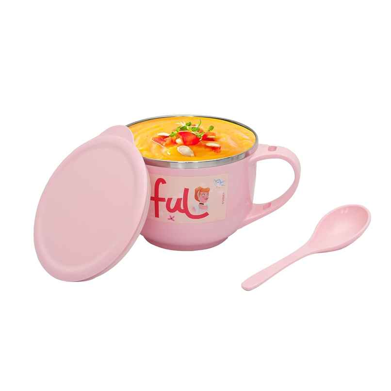 Jaypee Plus Stainless Steel Disney Princess Souptok Prime Soup & Noodles Bowl With Lid Spoon, Pink