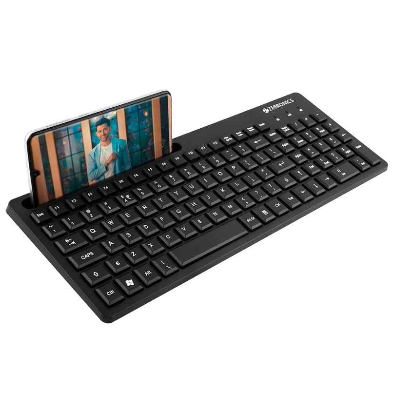 Zebronics K36 Wired Keyboard, 106 Keys, Smartphone Holder, 1.2M Cable Length, Rupee Key - Black