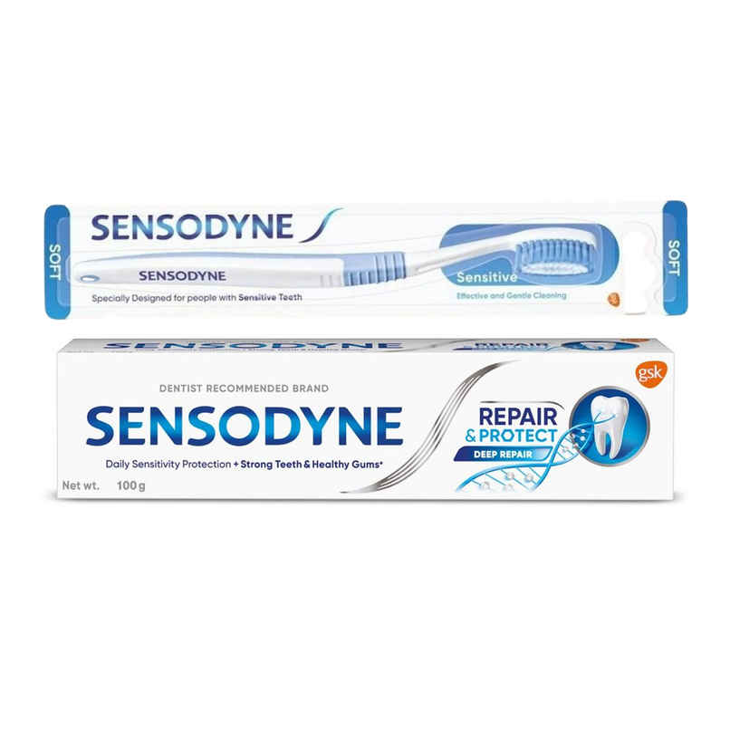 Sensodyne Toothpaste Repair & Protect, Tooth Paste For Deep Repair Of Sensitive Teeth (100g) & Sensodyne Sensitive Toothbrush With Soft Round Bristles - Assorted (1pc) Combo Sensodyne Toothpaste Repair & Protect, Tooth Paste For Deep Repair Of Sensitive Teeth (100g) & Sensodyne Sensitive Toothbrush With Soft Round Bristles - Assorted (1pc) Combo