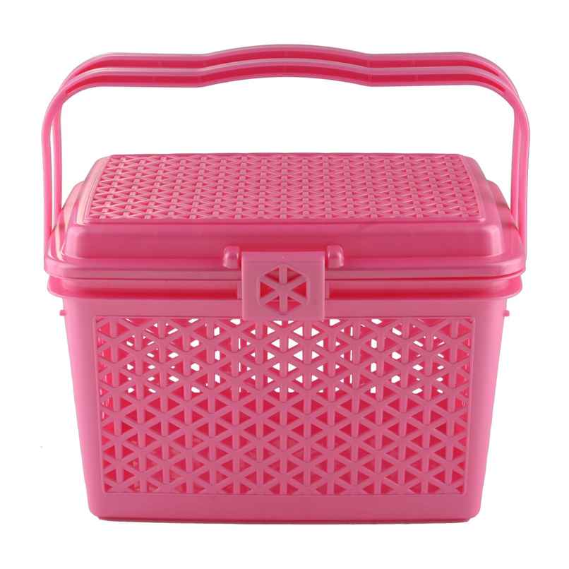 Kuber Industries Plastic Multipurpose Trendy Shopping Big Basket with Lid (Pink)