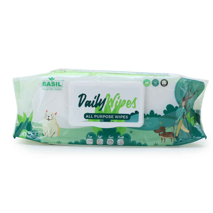 Basil Daily Pet Wipes for Dogs & Cats | Enriched with Aloe & Castor Oil | 80 Pulls Per Pacl Basil Daily Pet Wipes for Dogs & Cats | Enriched with Aloe & Castor Oil | 80 Pulls Per Pacl