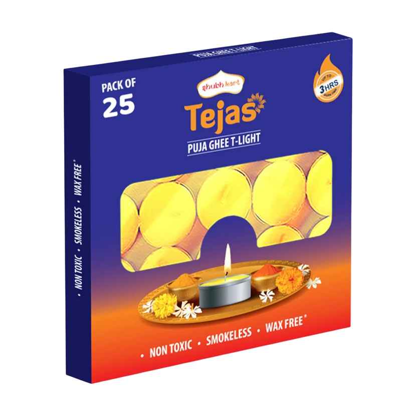 Tejas Puja Ghee T-Light Candles | Yellow | Wax | Pack of 25 | Tealight Candle-Pooja | Shubhkart