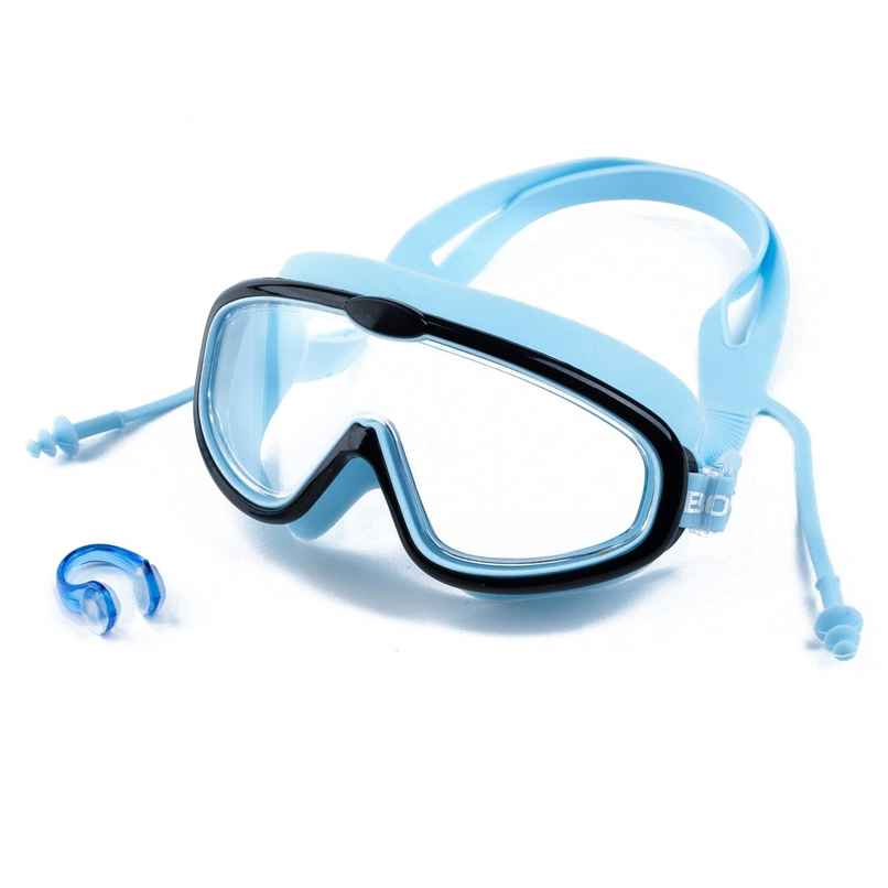 Boldfit Kids' Swimming Goggles Adjustable Strap | Airtight Fit | Free Ear & Nose Plug - Blue, Black