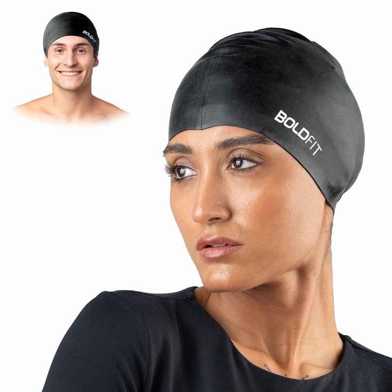 Boldfit Silicone Swimming Cap for Unisex Swim Cap for Kids & Adults Easy Fit - Black