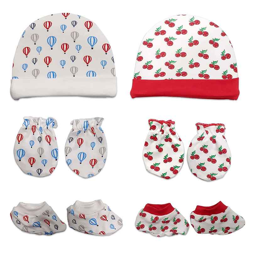 LuvLap 100% Cotton Baby Caps, Mittens and Booties Combo Set for 0-6 Months - Pack of 2 (Assorted)