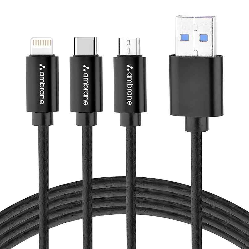 Ambrane Trio-11 Unbreakable 3 in 1 USB Fast Charging USB Cable with Type C, Lightning, Micro USB Port with 2.1 A, Compatible with iPhone, iPad, Samsung, OnePlus, Mi, Oppo, Vivo, Xiaomi, 1.25M - Black Ambrane Trio-11 Unbreakable 3 in 1 USB Fast Charging USB Cable with Type C, Lightning, Micro USB Port with 2.1 A, Compatible with iPhone, iPad, Samsung, OnePlus, Mi, Oppo, Vivo, Xiaomi, 1.25M - Black