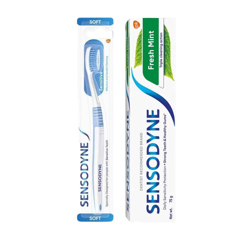 Sensodyne Toothpaste Fresh Mint (75g) & Sensodyne Sensitive Toothbrush With Soft Round Bristles - Assorted (1pc) Combo Sensodyne Toothpaste Fresh Mint (75g) & Sensodyne Sensitive Toothbrush With Soft Round Bristles - Assorted (1pc) Combo
