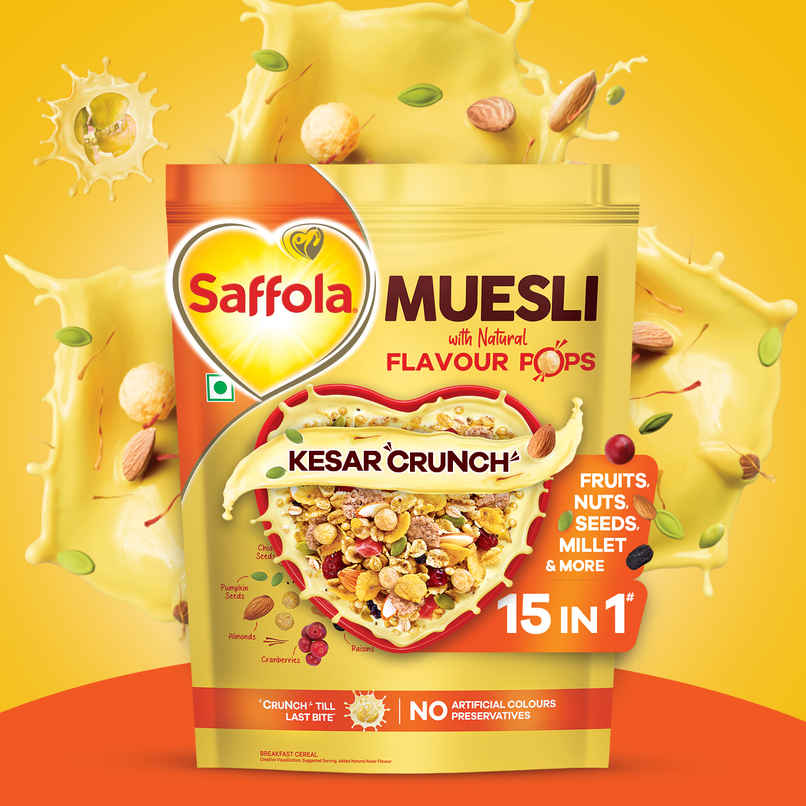 Saffola Muesli Kesar Crunch With Flavour Pops, Fruits, Nuts, Seeds, Millets (15 In 1)