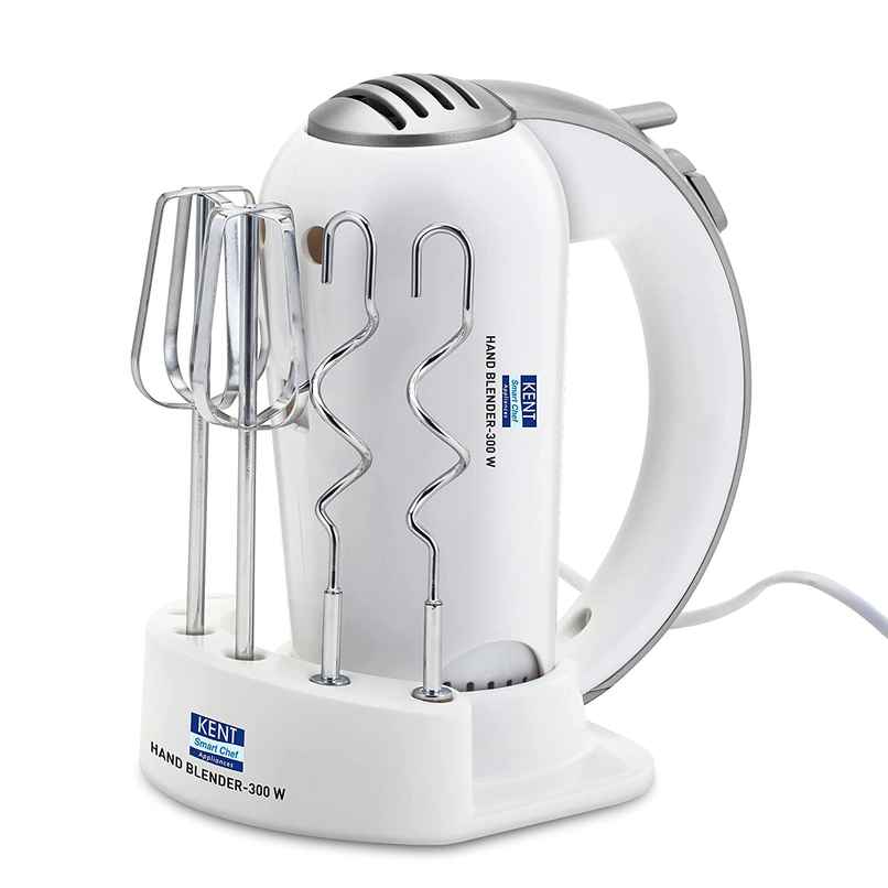 Kent 16051 Hand Blender 300 Watt, 5 Variable Speed Control, Multiple Beaters & Dough Hooks, Turbo Function, Plastic - White