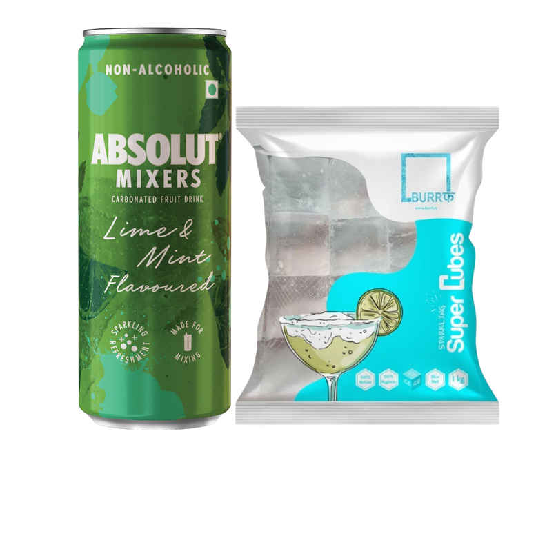 Burrf Super Cubes Ice Cubes (1kg) & Absolut Mixers Sparkling Lime & Mint (Mojito Flavoured) (250ml) Combo