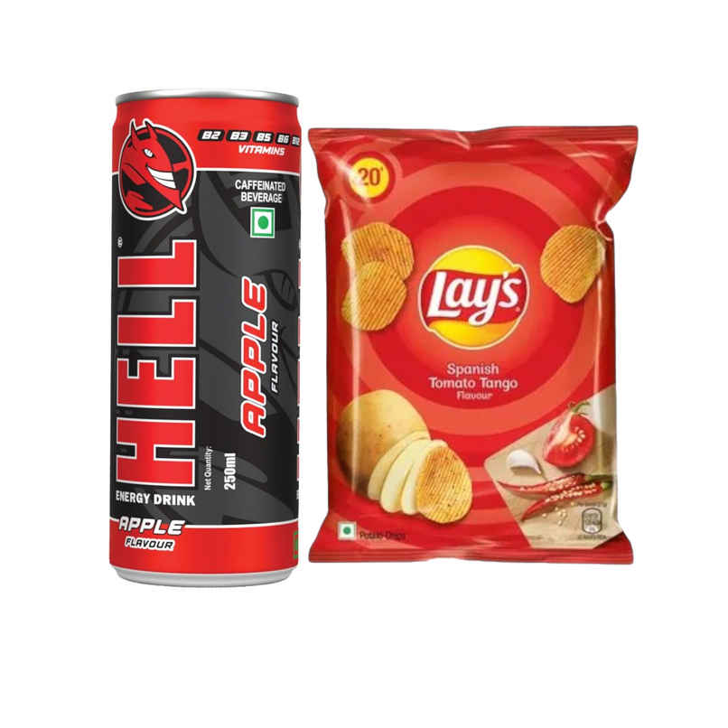 Hell Energy Drink Apple Flavoured Drink & Lay'S Spanish Tomato Tango Potato Chips Combo Hell Energy Drink Apple Flavoured Drink & Lay'S Spanish Tomato Tango Potato Chips Combo