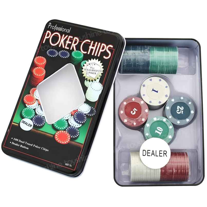 Toyshine Casino Style 100 Pcs Poker Chips Set in a Tin Case with 1 Dealer Button