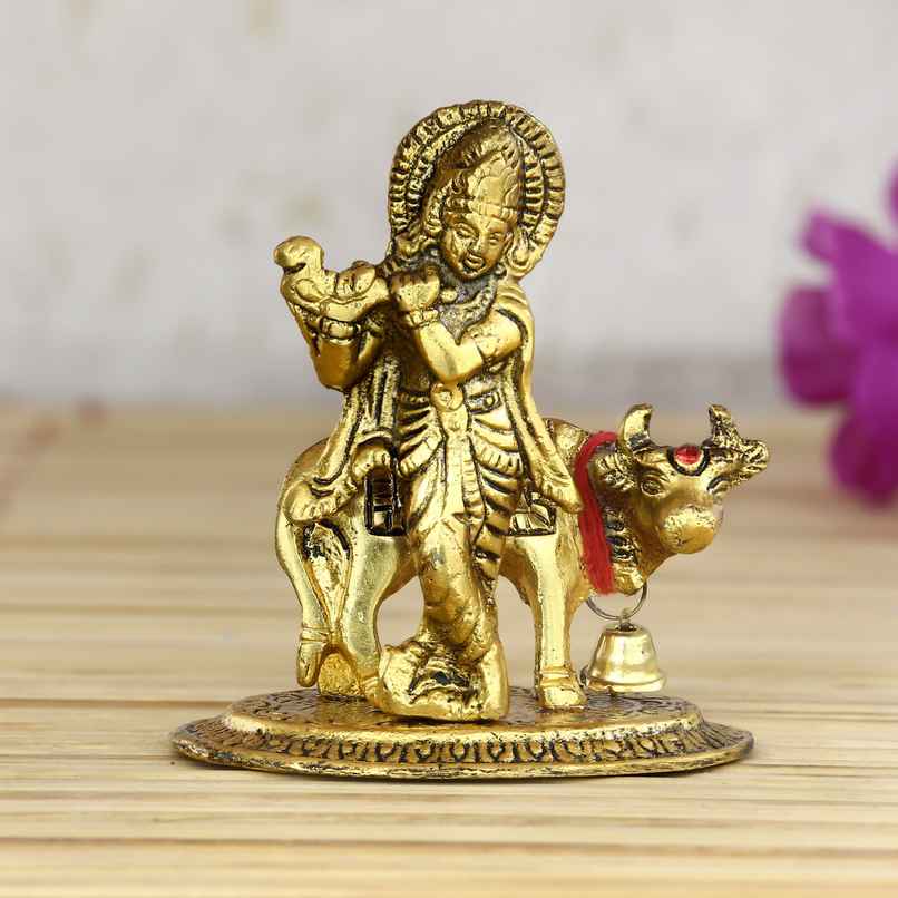 Ecraftindia Golden Metal Krishna Playing Flute With Cow Statue | Janmashtami Gift