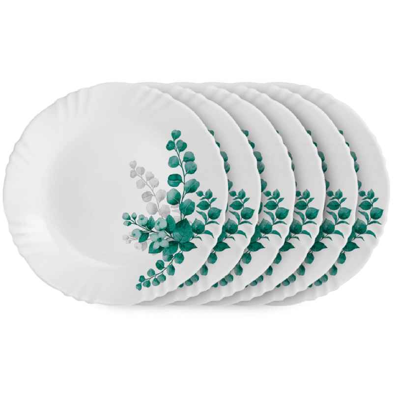 Cello Imperial Aqua Leaves Dinner Plate 11Inch Full Plate Set Of 6 Opal Glass White