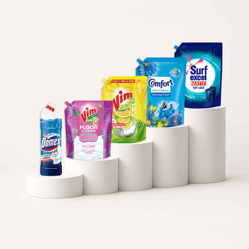 Surf Excel Matic Top Load Detergent Liquid | Pouch (5L) & Comfort Morning Fresh After Wash Fabric Conditioner (2L) & Vim Dishwash Liquid | Removes 100+ Odours & Grease In 1 Wash (3.2L) & Domex Ocean Fresh Toilet Cleaner Liquid (1L) & Vim Lavendar Ultrapro Floor Cleaner | Pouch (1.8L) Combo