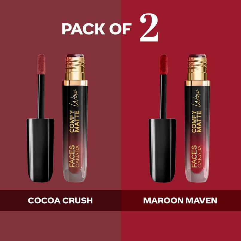 FACES CANADA Comfy Matte Wow Liquid Lipstick - The Bold Edit | Cocoa Crush 07 + Maroon Maven 05