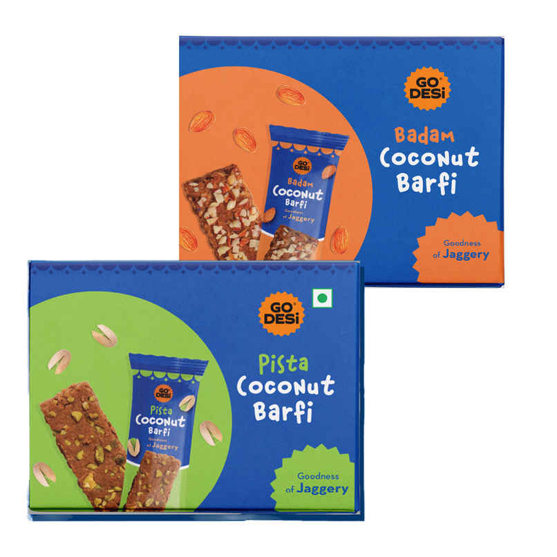 Badam Coconut Barfi, 8 Pcs | Burfi | Sweets | By Go Desi (96g) & Pista Coconut Barfi, 8 Pcs | Burfi | Sweets | By Go Desi (96g) Combo
