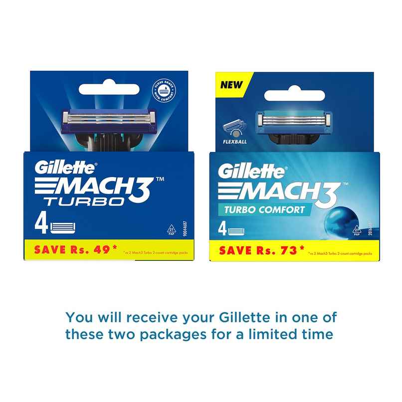 Gillette Mach3 Turbo 3-Bladed Cartridges with Comfort Gel Bar (Pack of 4)