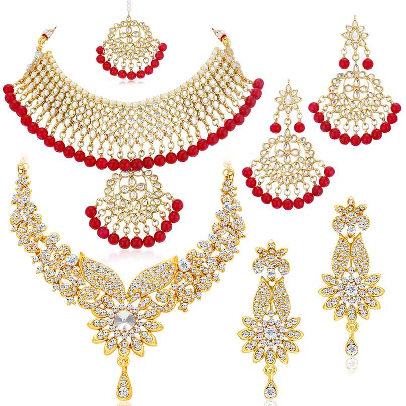 Sukkhi Gold-Plated Ad Stones & Beads Gold & Red Choker Jewellery For Women Sukkhi Gold-Plated Ad Stones & Beads Gold & Red Choker Jewellery For Women