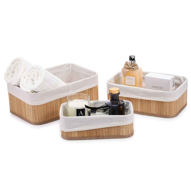 Lifelong Bathroom Organiser | 3-Basket Bamboo | Makeup Basket | Countertop | Water-Resistant Tray