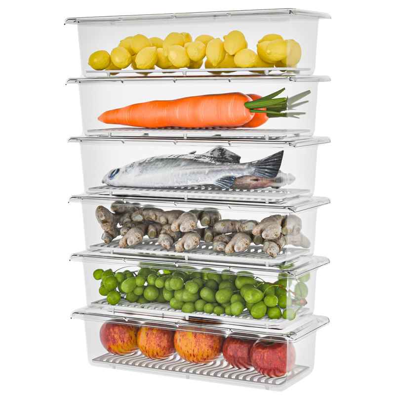 Tex-Ro 6 Stackable Fridge Container with Removable Drain Plate and Lid Storage Organizer - 1500 ml