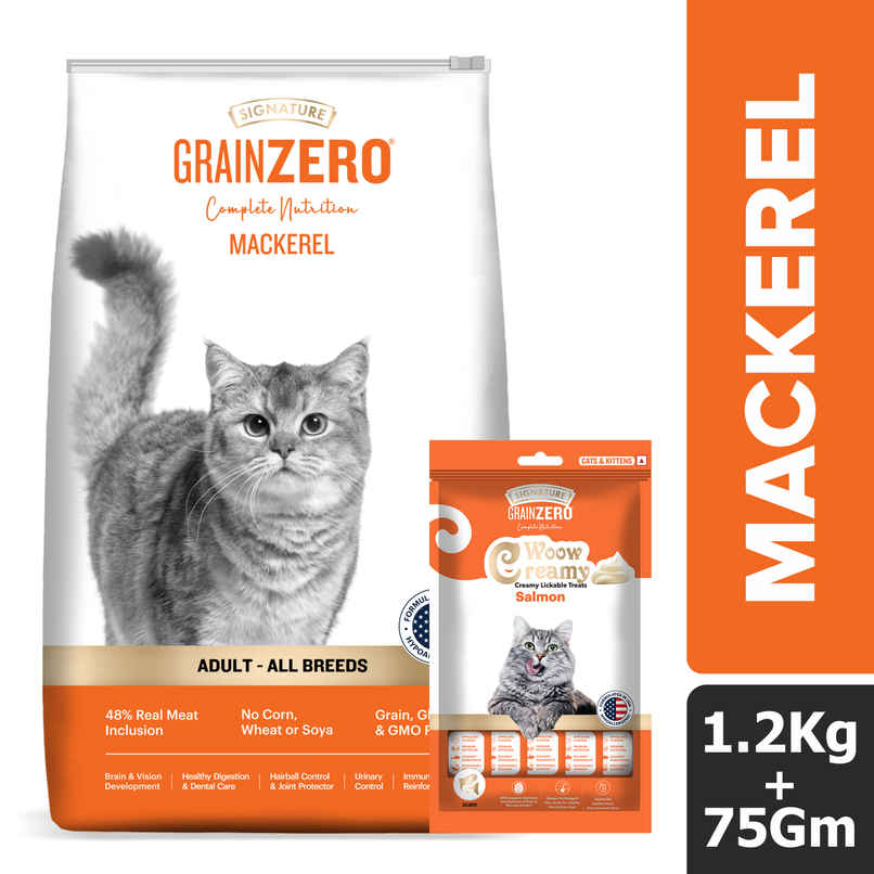 Grain Zero Mackerel, Adult Dry Cat Food, 1.2 Kg + Free Cat Creamy Treat 75 g Grain Zero Mackerel, Adult Dry Cat Food, 1.2 Kg + Free Cat Creamy Treat 75 g