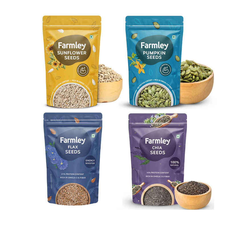 Farmley Premium Natural Chia Seeds Rich In Protein & Fiber (200g) & Farmley Premium Flax Seeds (200g) & Farmley Premium Pumpkin Seeds Aaa Grade (200g) & Farmley Premium Sunflower Seeds (200g) Combo