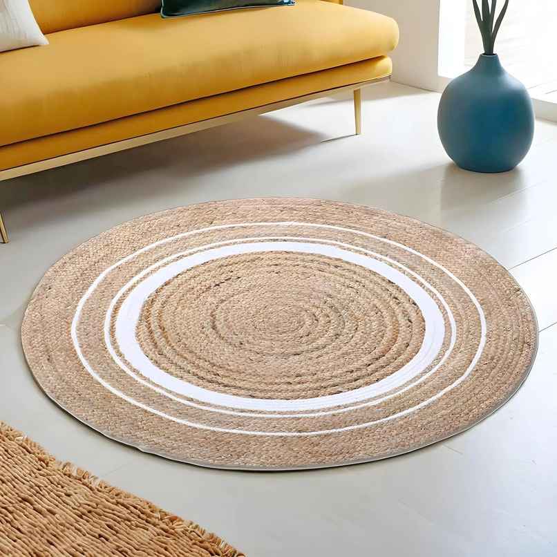 Kuber Industries Hand Woven Braided Jute Carpet Rug | Round Traditional Spiral Design (White)