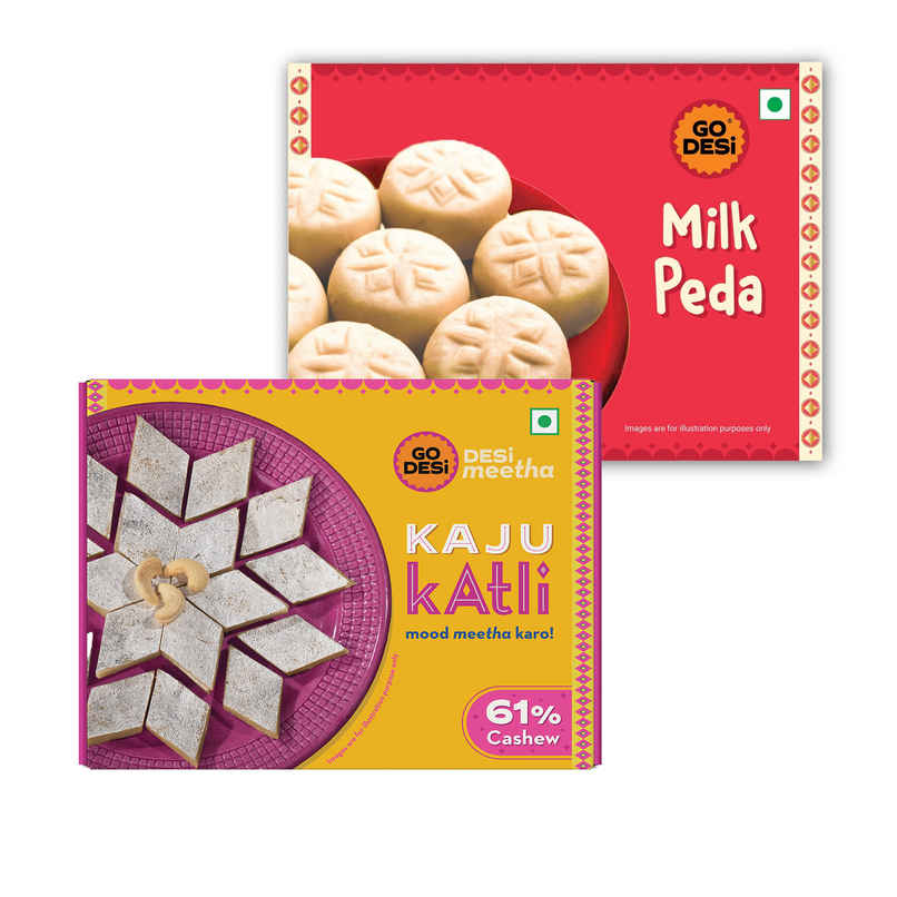 Go Desi Milk Malai Peda (200g) & Premium Kaju Katli, 61% Cashew | Burfi | Kaju Katri | Sweets By Go Desi (180g) Combo Go Desi Milk Malai Peda (200g) & Premium Kaju Katli, 61% Cashew | Burfi | Kaju Katri | Sweets By Go Desi (180g) Combo