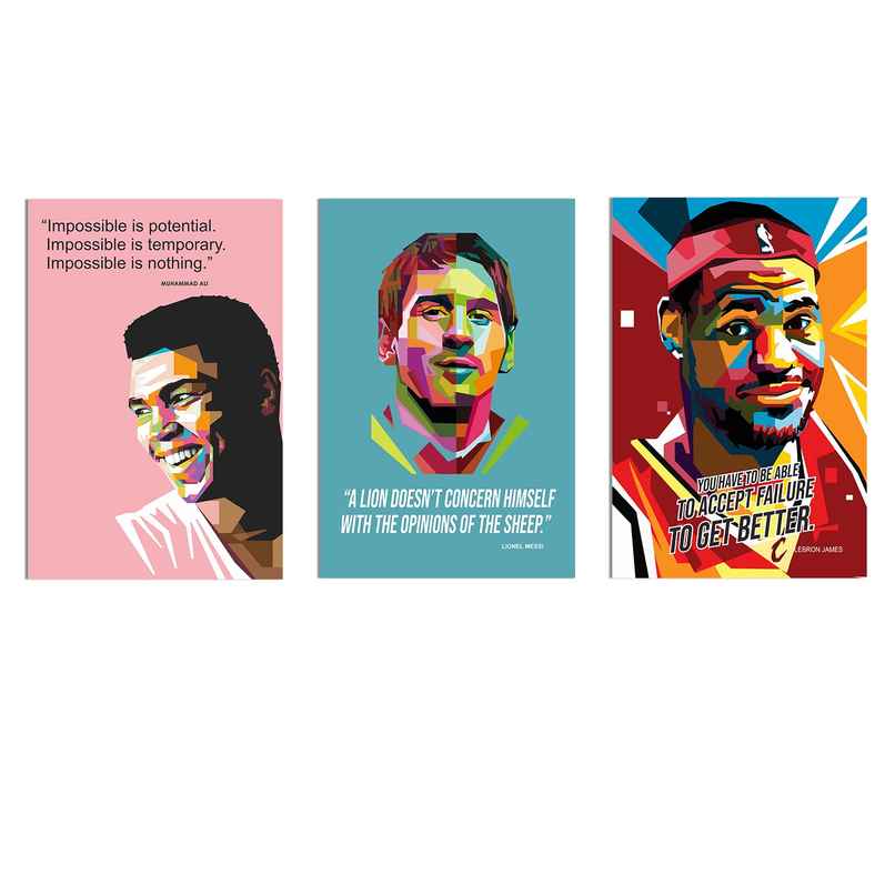 Paper Plane Design Sports Players Motivational Wall Posters | Set Of 3 | Size 12 x 18 Inch | D79