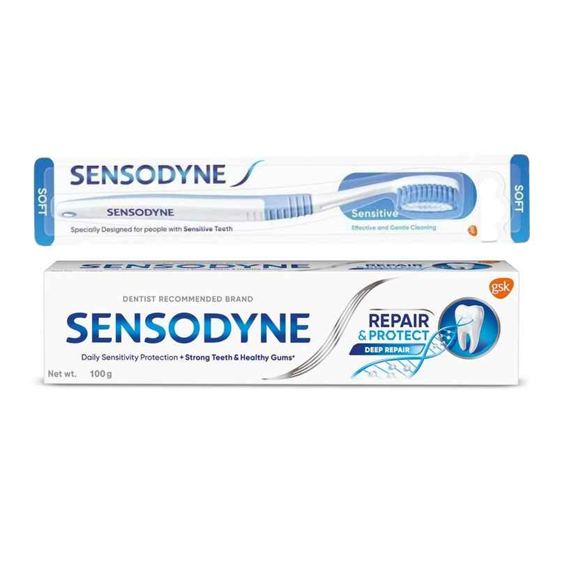 Sensodyne Toothpaste Repair & Protect, Tooth Paste For Deep Repair Of Sensitive Teeth (100g) & Sensodyne Sensitive Toothbrush With Soft Round Bristles - Assorted (1pc) Combo Sensodyne Toothpaste Repair & Protect, Tooth Paste For Deep Repair Of Sensitive Teeth (100g) & Sensodyne Sensitive Toothbrush With Soft Round Bristles - Assorted (1pc) Combo