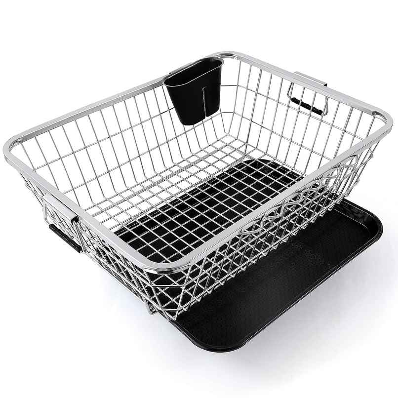 Tex-Ro Stainless Steel Utensils Basket with Removable Dish Drainer & Cutlery Holder