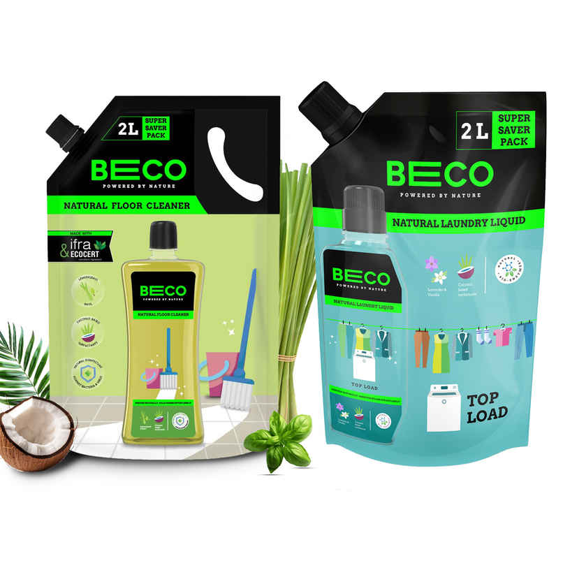 Beco Lemongrass & Basil Freshness Natural Disinfectant Floor Cleaner Refill Pack (2L) & Beco Top Load Laundry Detergent Liquid Refill (2L) Combo 