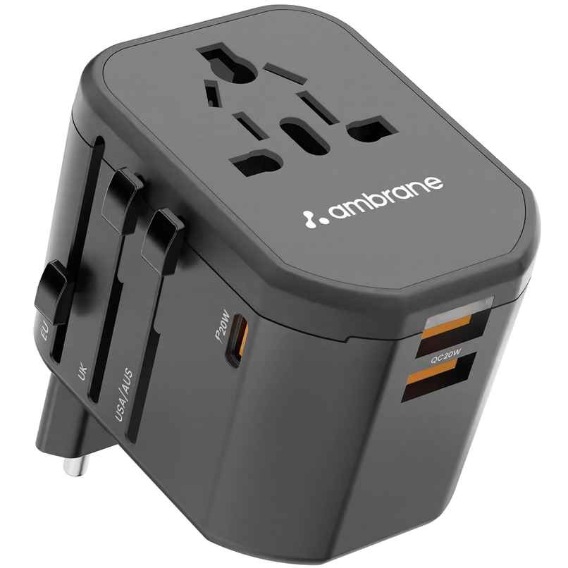 Ambrane (ATA-01) Universal Travel Adapter,4 in 1 Fast Charging; 1 Type C (20W),2 USB (20W) & 1 AC Socket (880W) with 3 Removable Pins for EU,UK and USA/AUS and Other Countries for Modern Travel - Black