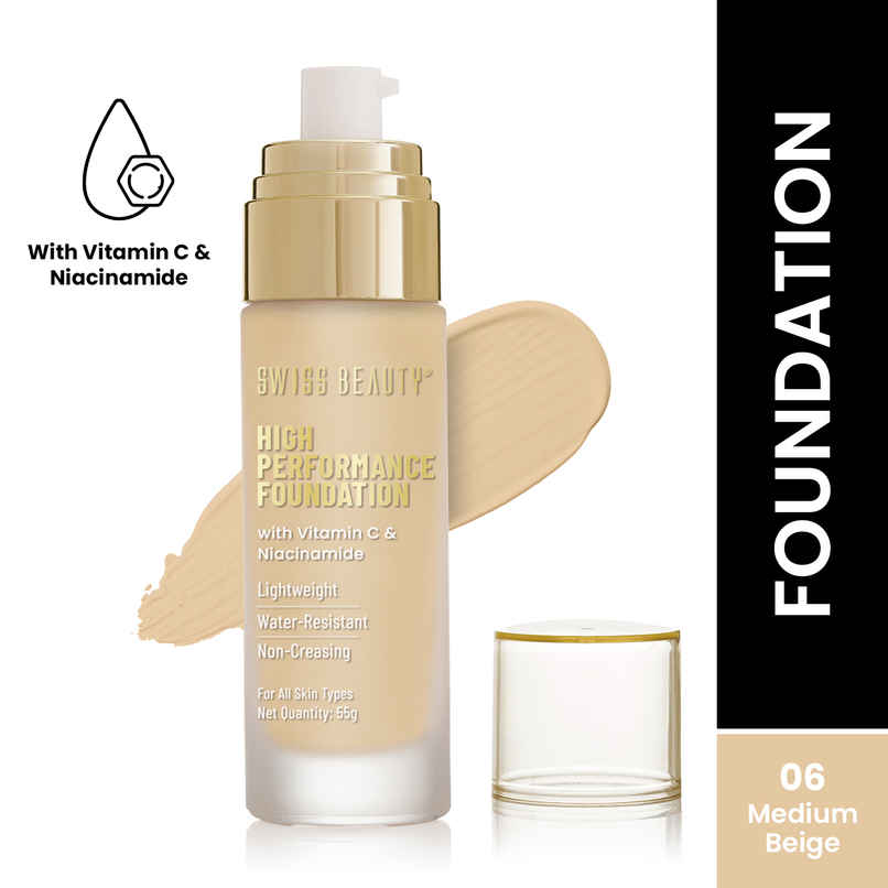 Swiss Beauty High Performance Foundation With Vitamin C & Niacinamide - 06 Medium Beige Swiss Beauty High Performance Foundation With Vitamin C & Niacinamide - 06 Medium Beige