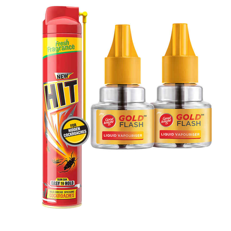 Hit Crawling Cockroach Killer Spray With Deep-Reach Nozzle (400ml) & Good Knight Flash Liquid Vapourizer Mosquito Repellent Refill (90ml) Combo Hit Crawling Cockroach Killer Spray With Deep-Reach Nozzle (400ml) & Good Knight Flash Liquid Vapourizer Mosquito Repellent Refill (90ml) Combo