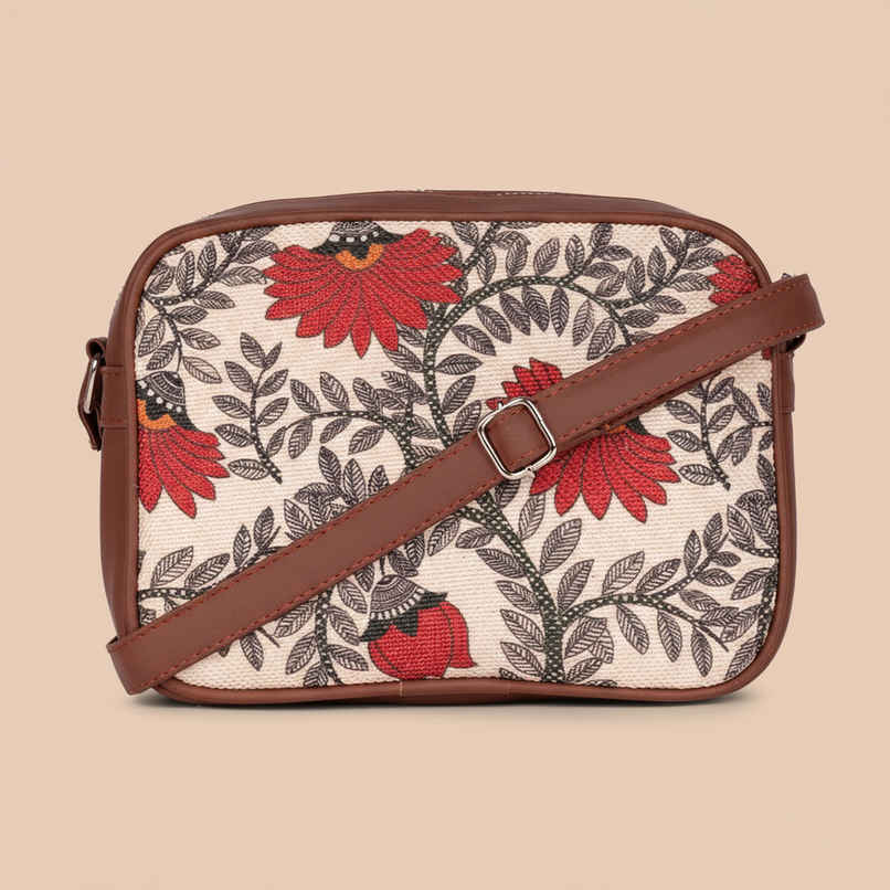 Zouk Women's Floral Vegan Leather and Handcrafted Fabric 2.4 L Sling Bag | Beige and Red - One Size Zouk Women's Floral Vegan Leather and Handcrafted Fabric 2.4 L Sling Bag | Beige and Red - One Size